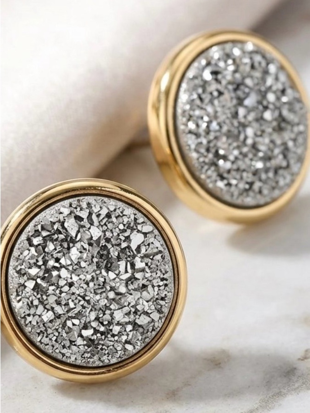 Sparkly Gold Tone Textured Druzy Round Stud Earrings